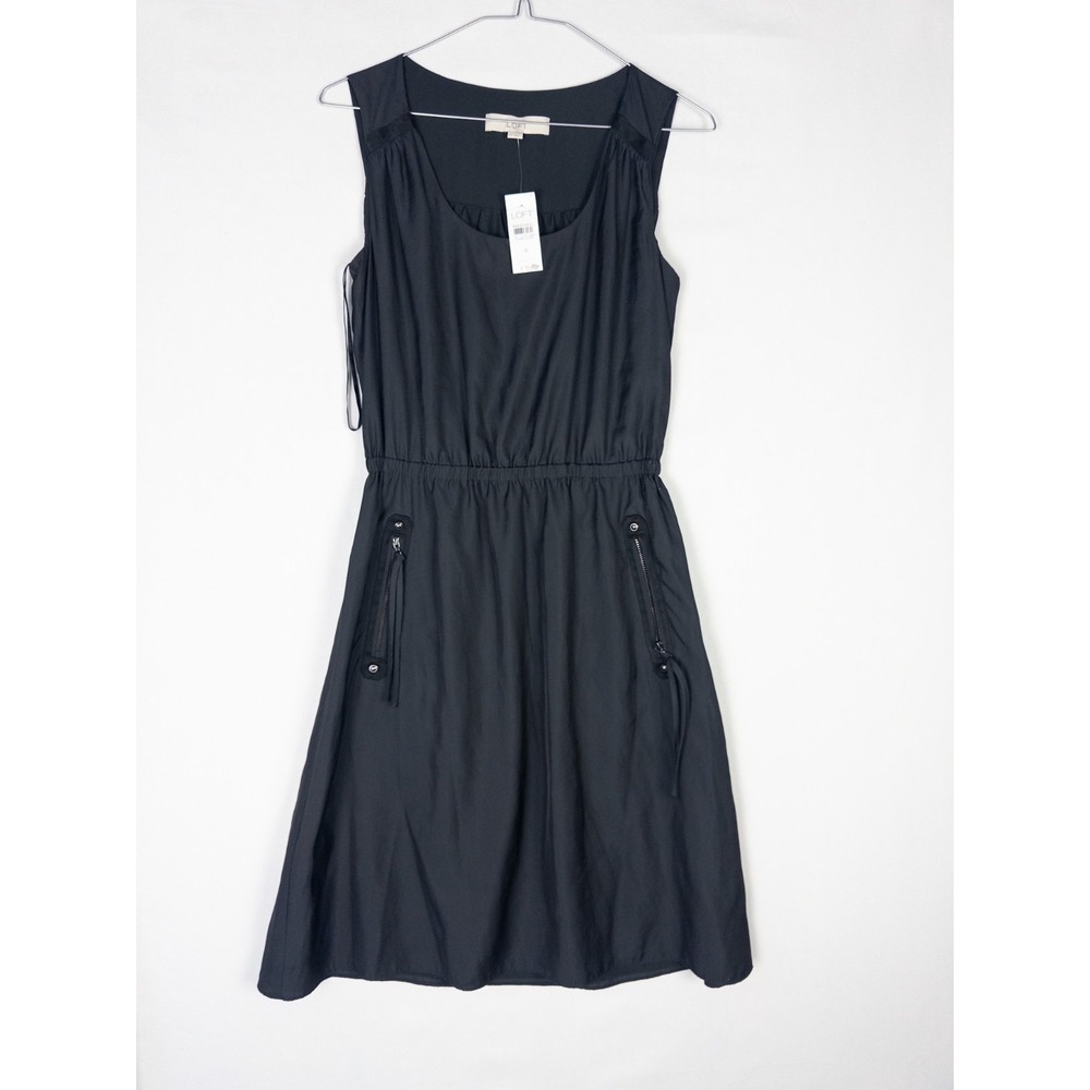 NWT Loft Dress Womens 0 Black Woven Tank Zip Ruffle Knee Length Pullover Scoop